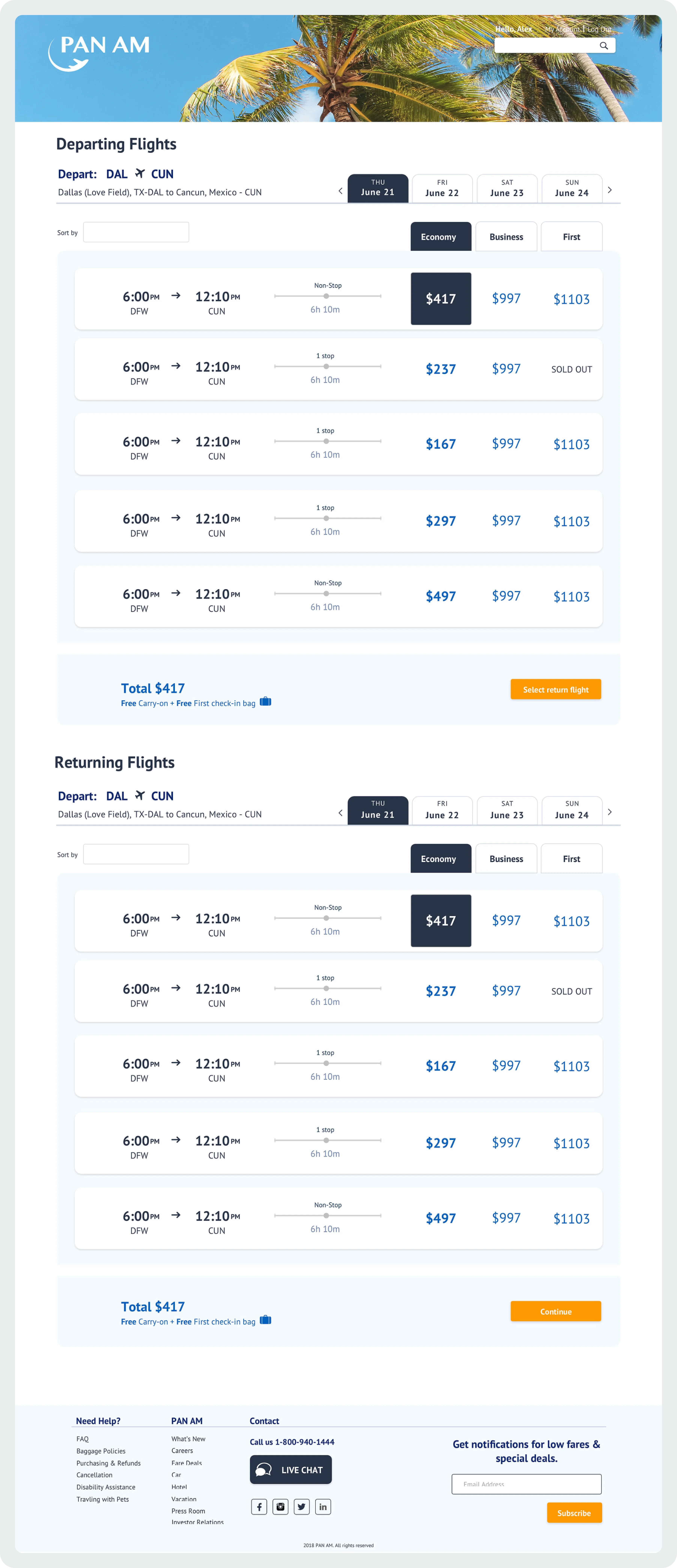 Pan Am Flight Selection page hi-fidelity screen