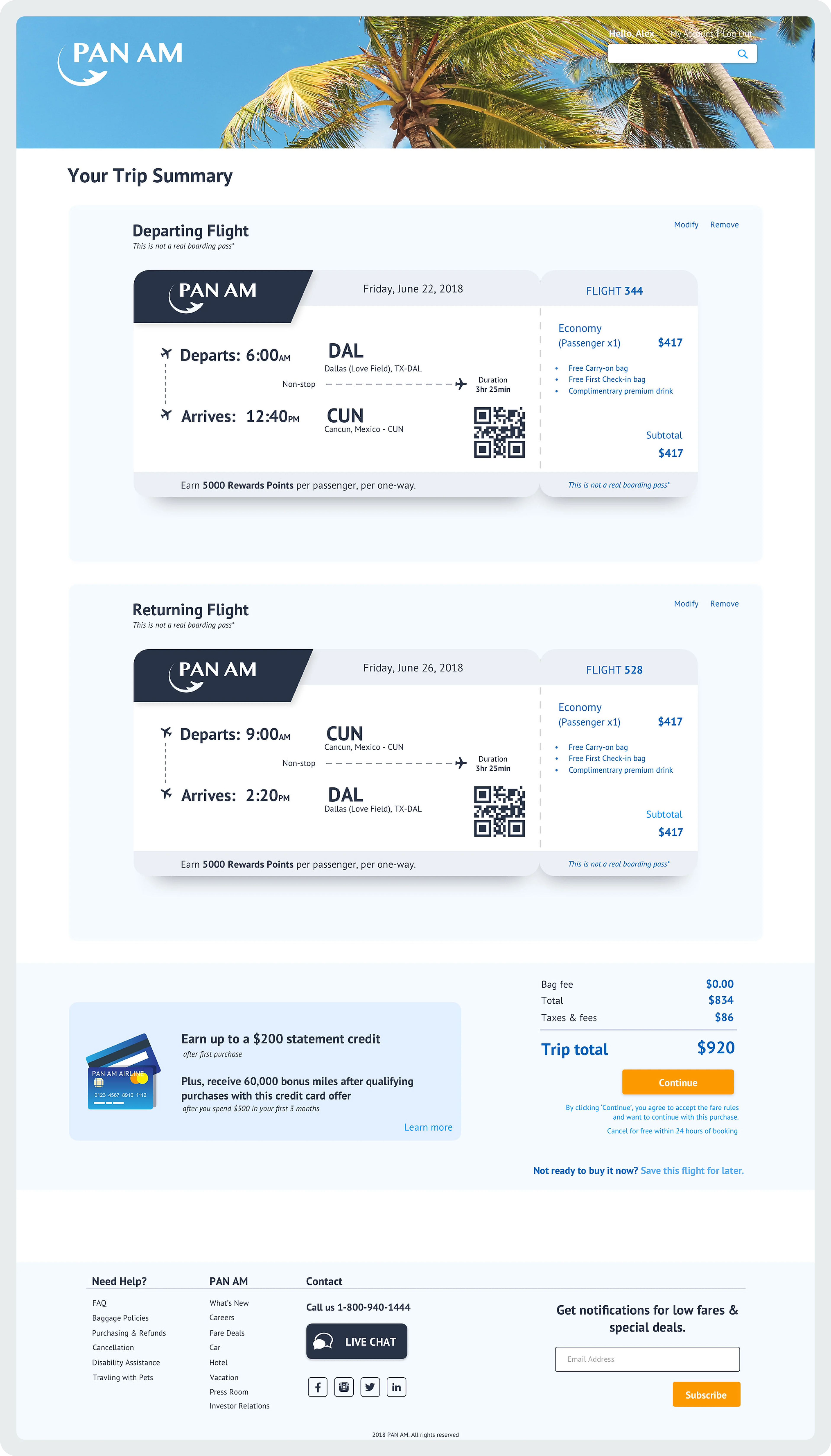 Pan Am Flight Summaary page hi-fidelity screen