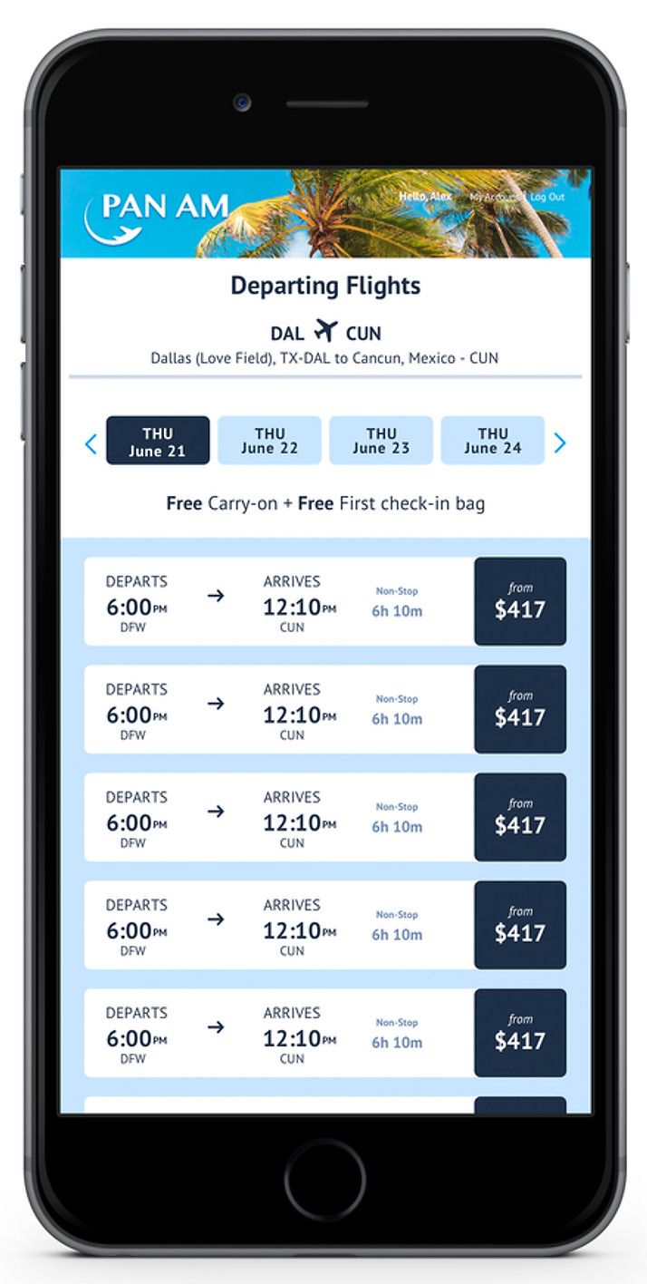 Pan Am mobile Flight selection page hi-fidelity screen