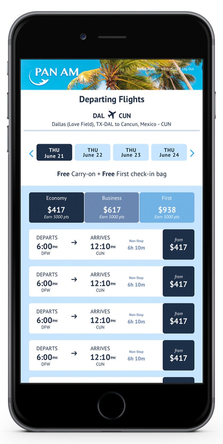 Pan Am mobile Flight class selection page hi-fidelity screen