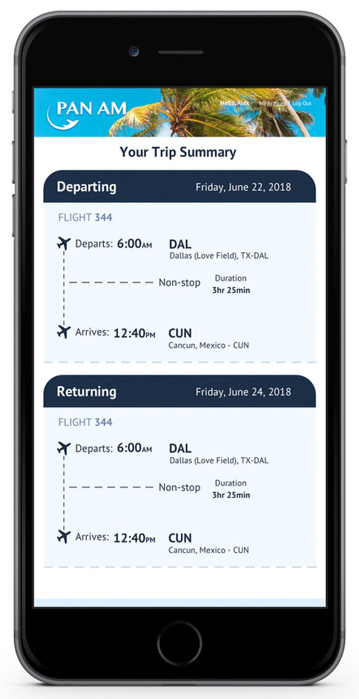 Pan Am mobile Flight booking review page hi-fidelity screen