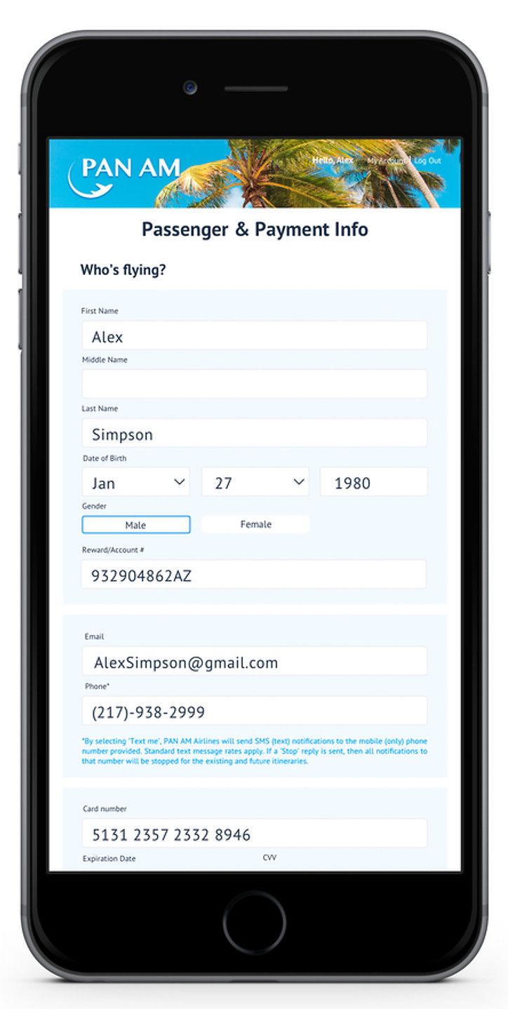 Pan Am mobile Passenger information page hi-fidelity screen