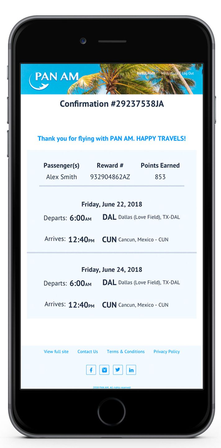 Pan Am mobile Flight confirmation page hi-fidelity screen