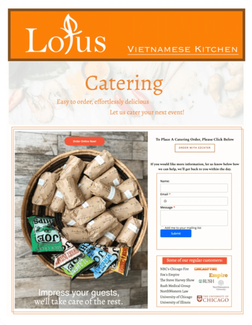 Original Catering & Menu page for Lotus cafe