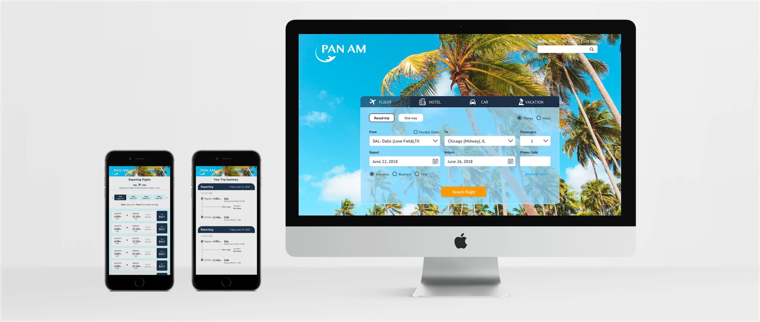 Pan Am webpage mockup for desktop & mobile