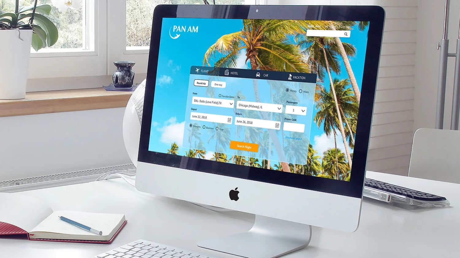 Pan Am webpage mockup displayed on desktop