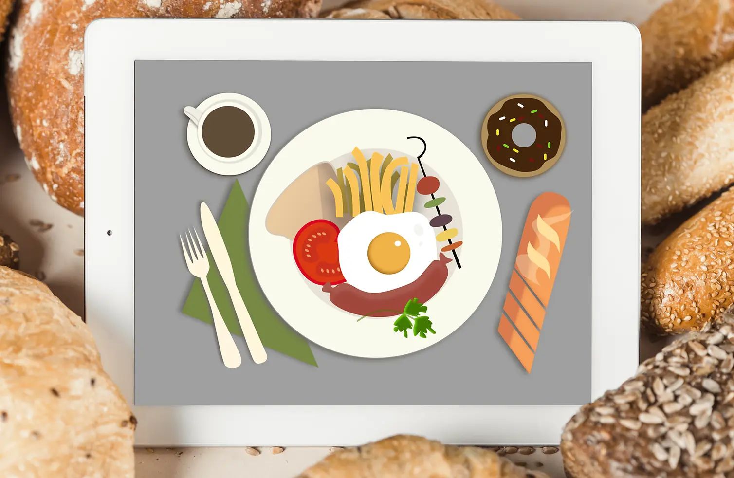 Vector mockup of iPad showcasing english breaskfast items like sausage, egg, fries, bread, coffee and doughnut