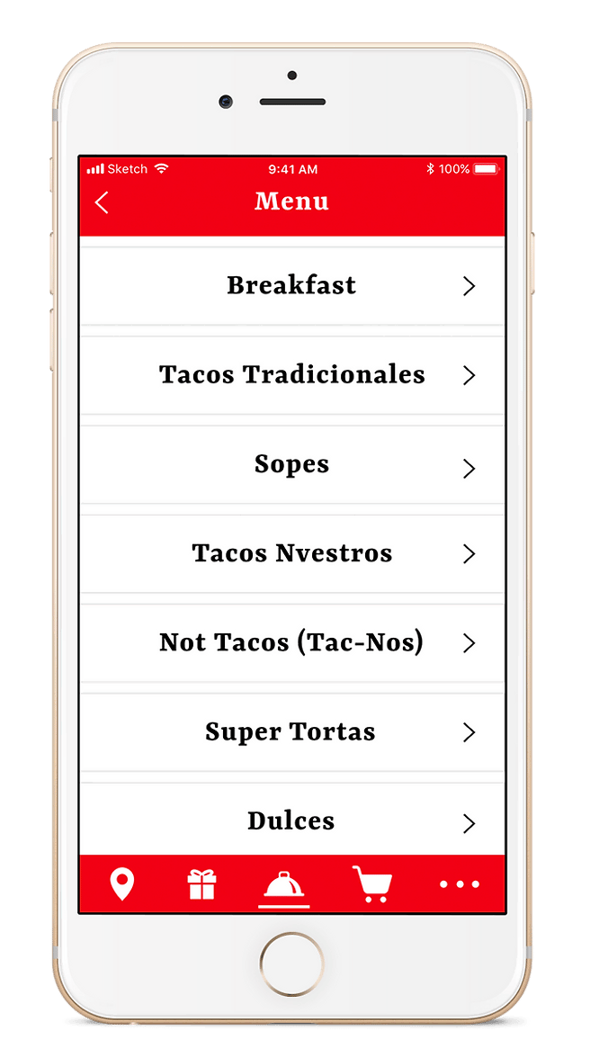 Taco Bamba mobile app menu hi-fidelity screen